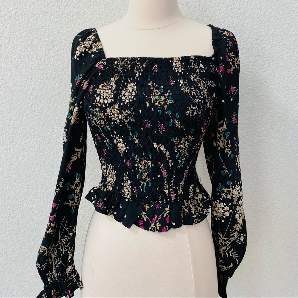 Black / Floral Love Stitch smocked long sleeve top